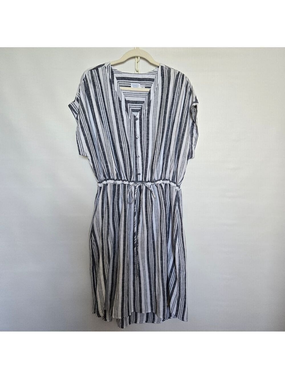 TIME & TRU DRESS WOMEN BLUE WHITE STRIPE MIDI LINEN CASUAL COASTAL BEACH XL16/18